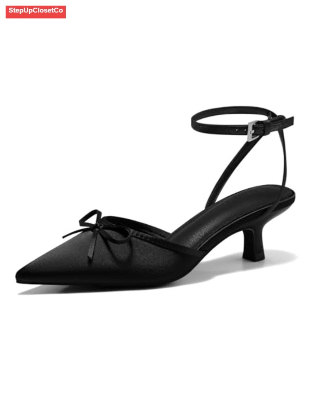 Satin Kitten Low Heels with Bow Closed Pointed Toe Dress Wedding Party Shoes